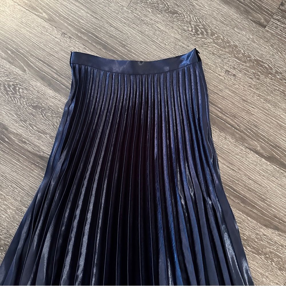 Sandro Navy Blue Pleated Satin Midi Skirt - Picture 2 of 11